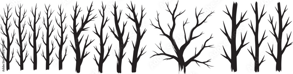Obraz premium Silhouette set of bare winter trees in black and white, leafless forest illustration showing natural branches and trunks, perfect for seasonal artwork, landscape design, Halloween, and nature projects