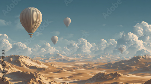  A desert landscape with large balloons scattered across the horizon 