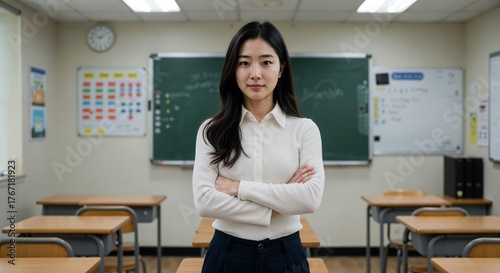 Educator's Resolve: A poised instructor stands confidently in a well-lit classroom, exuding authority and preparedness, ready to guide young minds towards knowledge and growth.