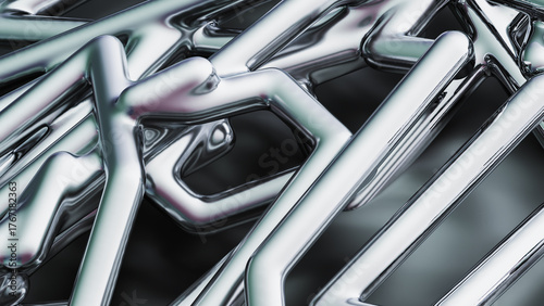 3D render of an abstract metallic wireframe structure with smooth chrome surfaces