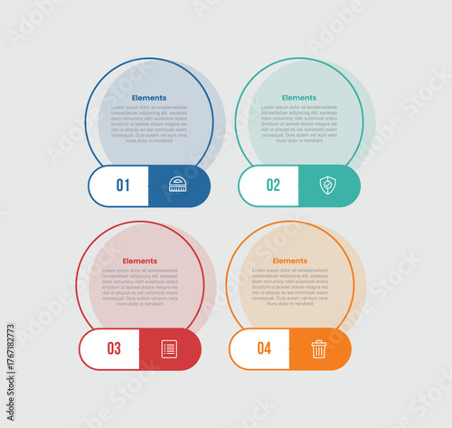 4 elements infographic comparison diagram with big circle with round capsule on bottom with 4 step for slide presentation