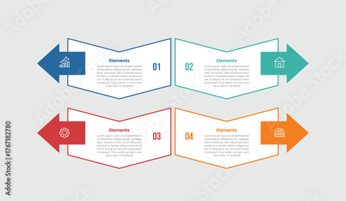 4 elements infographic comparison diagram with creative bend shape with arrow badge side opposite direction with 4 step for slide presentation