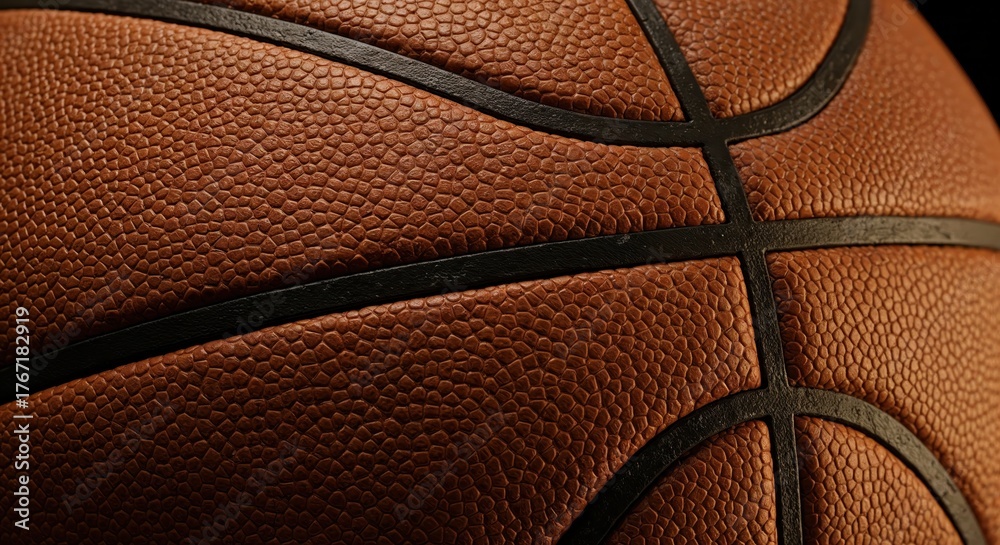 Obraz premium Basketball Close-up: The textured surface of a classic basketball showcases intricate details, emphasizing its iconic design and the sport it represents.