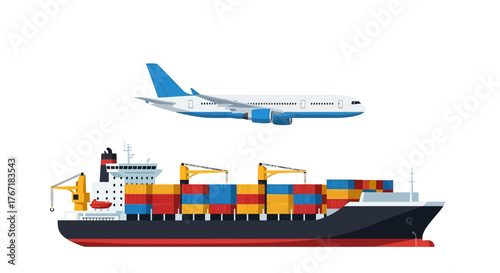 Flat illustration of a cargo ship with colorful containers and a passenger airplane flying above it on a white background.
