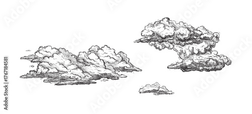 Clouds in hand drawn vintage retro style isolated on white background. Cartoon design elements. Landscape elements in sketch style. Vector illustration.	