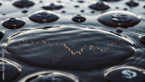Abstract image of water droplets reflecting currency symbols and a stock market graph, symbolizing finance and investment.
