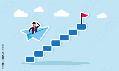 Businessman riding paper airplane to bypass stairs illustration of smart and efficient strategy to complete business tasks and projects