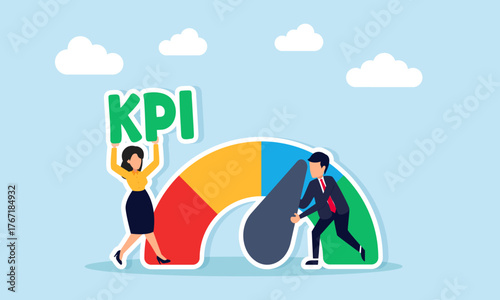 Businesswoman holding KPI text beside businessman adjusting level meter illustration of effort to improve employee performance quality in business