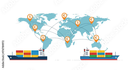 Flat lay illustration of two cargo ships with containers on a world map background with location pins and lines