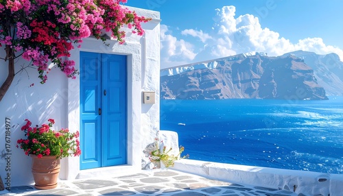 A coastal scene with a blue door, flowers, and a mountainous backdrop