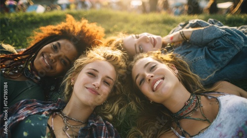 Friends Enjoying Picnic on Grass at Outdoor Music Festival