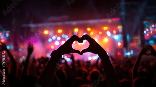Vibrant Heart Shaped Hands at Concert with Colorful Lighting
