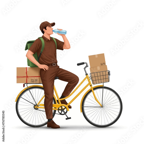 Delivery man taking a break to drink water while standing with a loaded bicycle