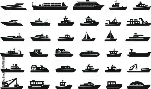 30 Marine Sector Vehicle Icons Solid Black Vector Silhouette Set on White Background