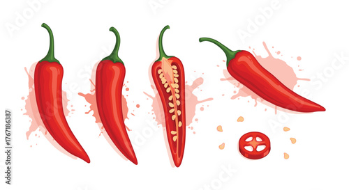 A vibrant illustration of red chili peppers, whole, sliced, and seeds, on a white background, perfect for culinary and spice-related content.