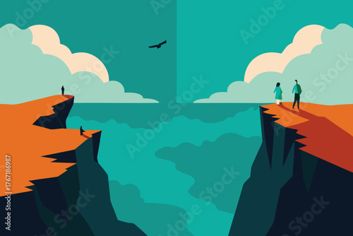 Vector art of a dramatic scene of two cliffs separated by a body of water and people on top