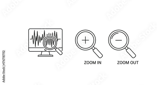 Vector illustration of zoom in and zoom out icon with computer screen magnifying glass with plus and minus sign for zooming in and out of the screen