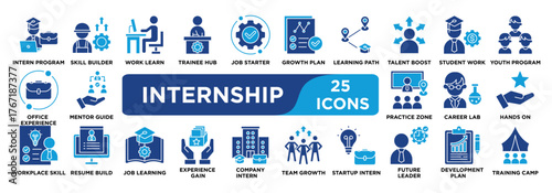 internship icon collection set. Containing intern program, skill builder, work learn, trainee hub, job starter icon. solid vector.	