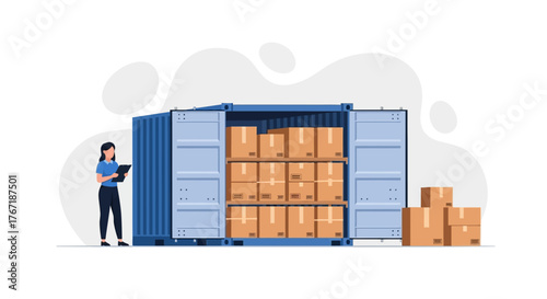 Illustration of a woman standing beside a blue shipping container filled with boxes on a grey background.