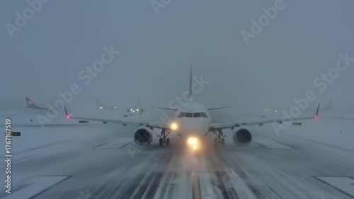 Airplane on snowy runway with headlights illuminated in winter weather