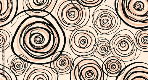 Abstract background with swirling black and pink rose-like shapes on a light peach background.