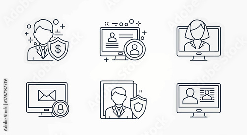 A collection of six line art icons representing user profiles, security, and online communication.