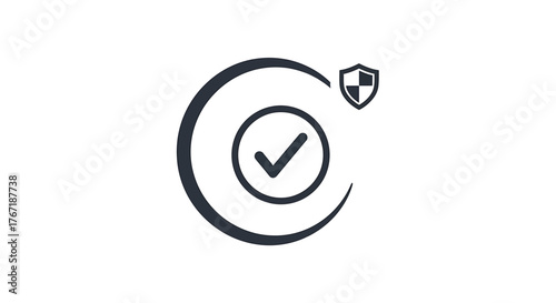 A dark grey circular icon with a checkmark inside a smaller circle, and a shield icon in the upper right corner.