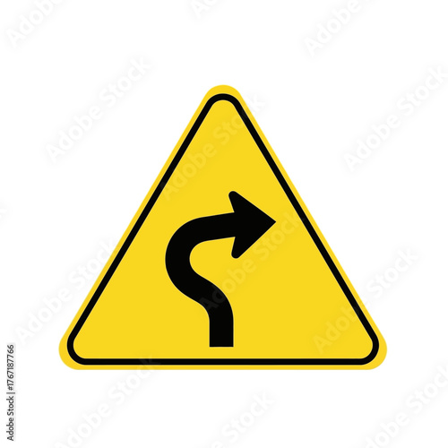 Yellow road sign with a black arrow curving to the right on a white background.