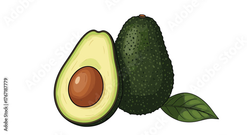 An illustration of two avocados, one cut in half to expose the pit, accompanied by a single leaf, all set against a white background.