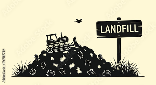 A bulldozer pushes trash on a large pile at a landfill site, an environmental concept illustration.