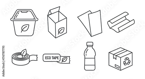 A collection of line icons representing various types of eco-friendly and recyclable packaging materials for sustainable shipping.