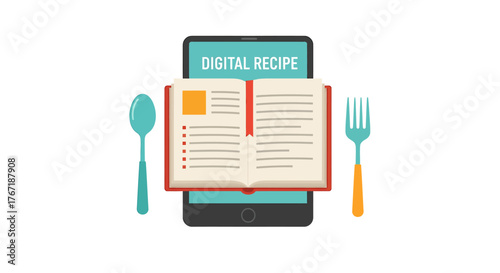 Illustration of a digital recipe book displayed on a smartphone, accompanied by a spoon and fork, symbolizing modern cooking and culinary technology.