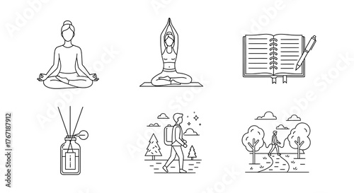 Collection of line art illustrations depicting various wellness and self-care activities for a healthy lifestyle.