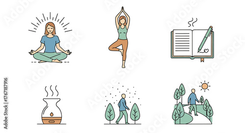 Icons depicting relaxation methods: meditation, yoga, journaling, aromatherapy, and walking.