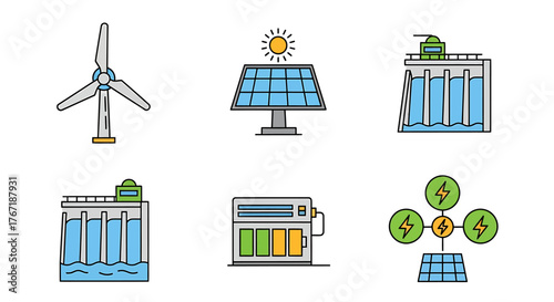 Set of six colorful icons illustrating renewable energy sources like wind, solar, and hydro power.