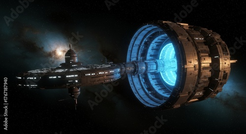 Fototapeta Naklejka Na Ścianę i Meble -  Futuristic orbital space station in deep space