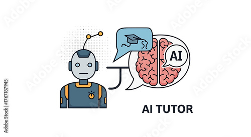 Conceptual illustration of an AI tutor, featuring a robot connected to a brain with a graduation cap, symbolizing machine learning in education.