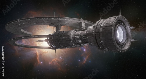 Fototapeta Naklejka Na Ścianę i Meble -  Futuristic space station orbiting a nebula