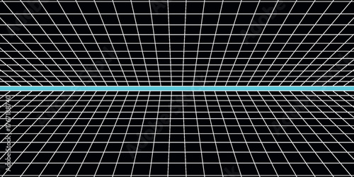 A retro-futuristic digital landscape with a white perspective grid on a black background and a glowing cyan horizon line.