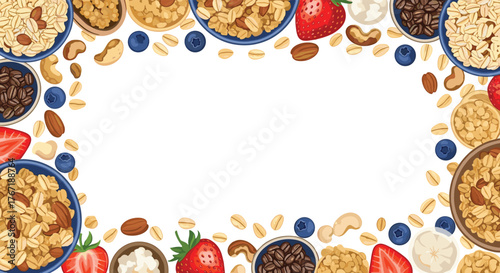 A colorful and healthy breakfast frame with bowls of granola, oats, various nuts, fresh berries, and coffee beans on a white background.