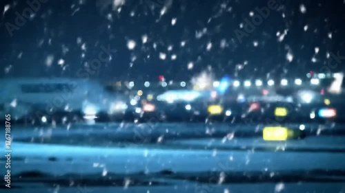 Nighttime airport scene with snowfall and illuminated aircraft