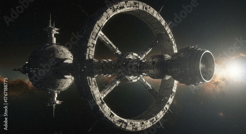 Fototapeta Naklejka Na Ścianę i Meble -  Orbital space station with rotating ring in deep space