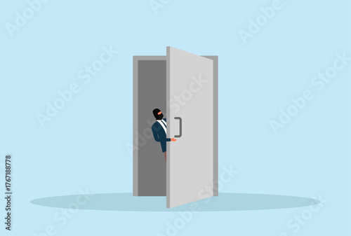 Vector illustration of a masked thief peeking through a door, symbolizing burglary, sneaky intrusion, home theft, security risk, and criminal activity concept
