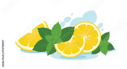 Lemon slices and mint leaves illustration offer a refreshing visual for summer drinks, culinary creations, and healthy lifestyle content.