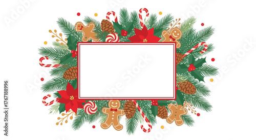 Christmas frame with fir branches, gingerbread cookies, poinsettias, and candy canes.