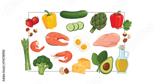 Variety of healthy foods including protein, vegetables, fruits, nuts and oils.