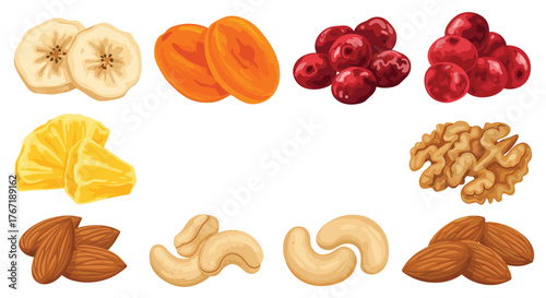 A colorful assortment of dried fruits and nuts, perfect for snacks and healthy eating options.