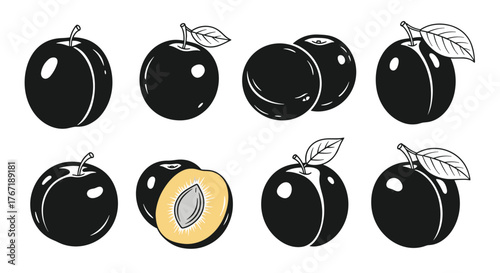 Illustration of various black plums with and without leaves, cut open, vector graphics on white background.