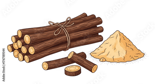 Licorice root sticks, tied in a bundle and loose, with a pile of finely ground sweet brown powder, a natural ingredient for herbal medicine and food.