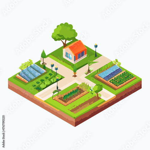 Isometric view of a sustainable community garden with diverse elements.